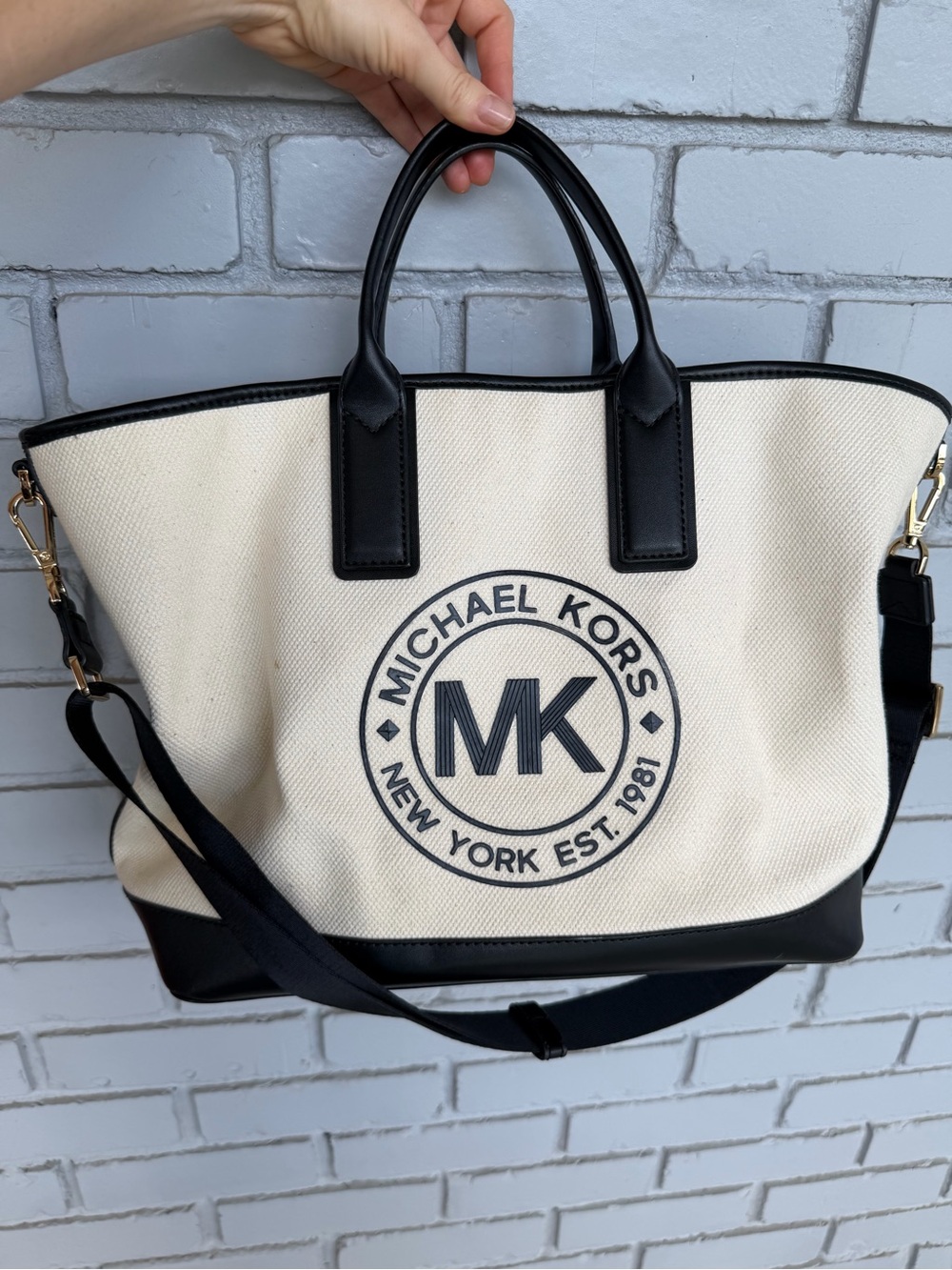 Michael Kors Large Canvas Tote Bag Ivory Black MK Logo Shoulder Crossbody